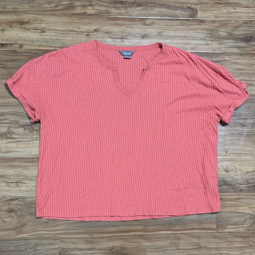 Natural Reflections Womens Peach Coral Split Neck Waffle Knit T-Shirt Size XL
